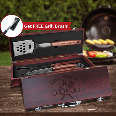 Personalized BBQ Grill Tool Set with Rosewood Case